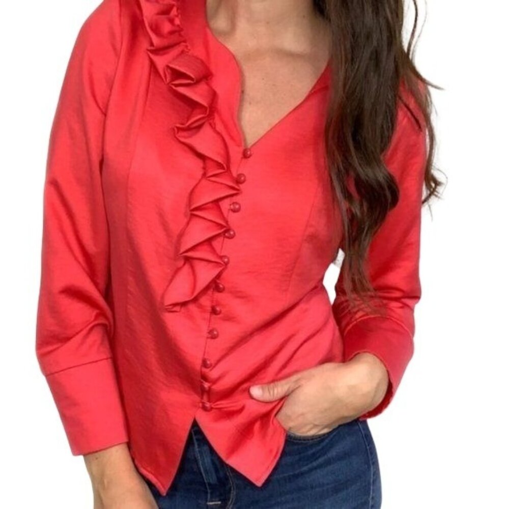 Vintage Ataga Ruffle Blouse Size Medium Coral Pink Button Front Long Sleeve
